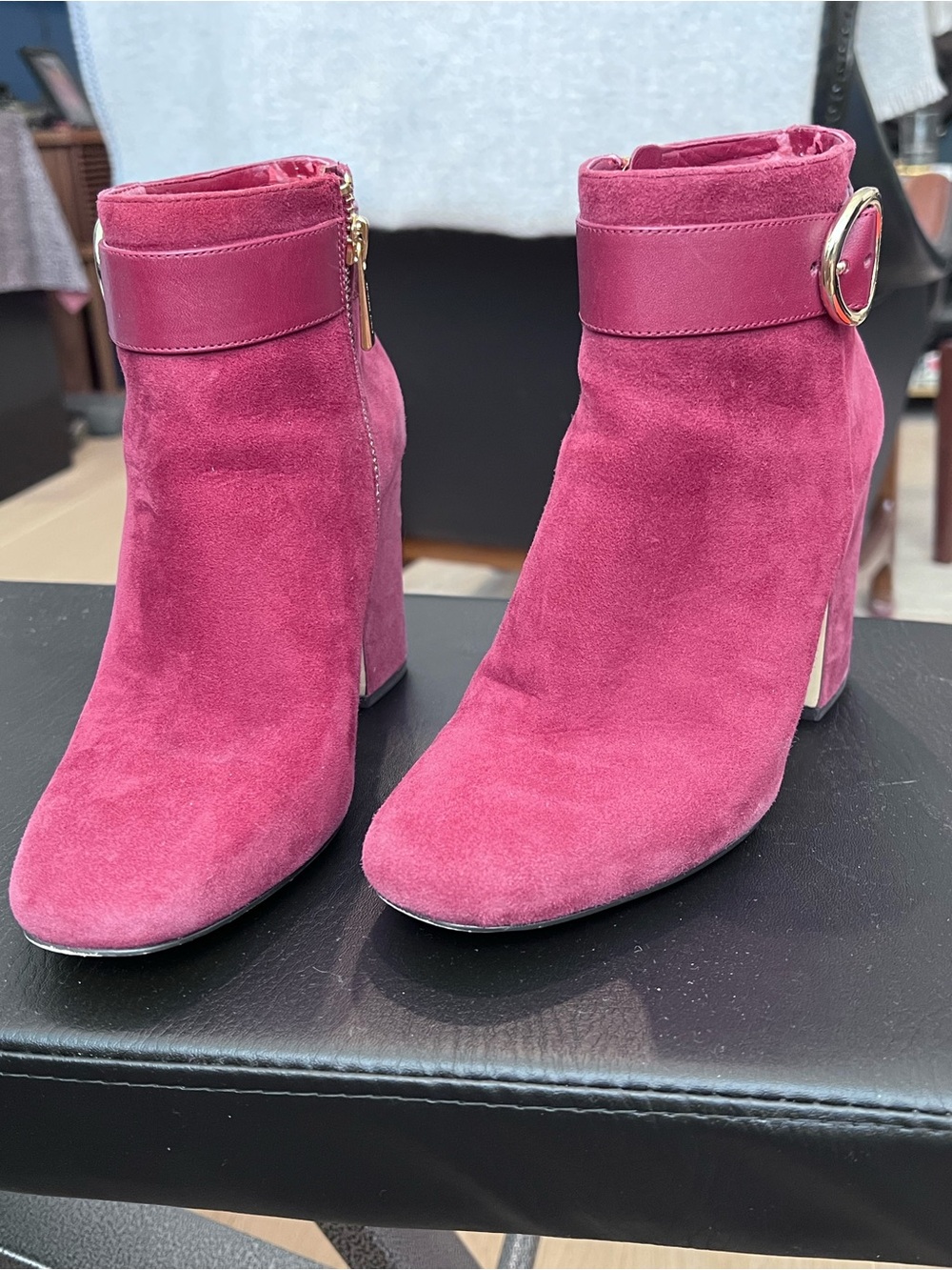 Michael Kors Raspberry Suede Ankle Booties with Gold Accent